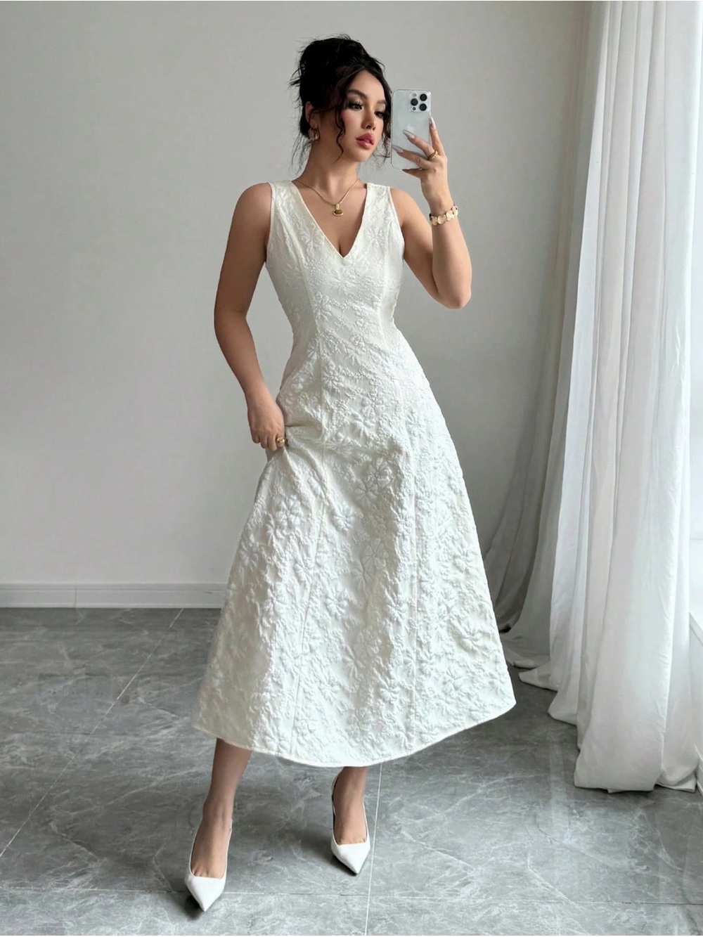 & Other Stories White Textured V-Neck Midi Dress - Picture 1 of 4